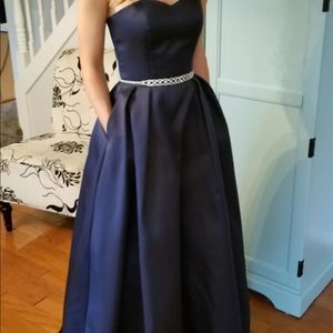 Navy blue prom dress - pockets - rhinestone belt